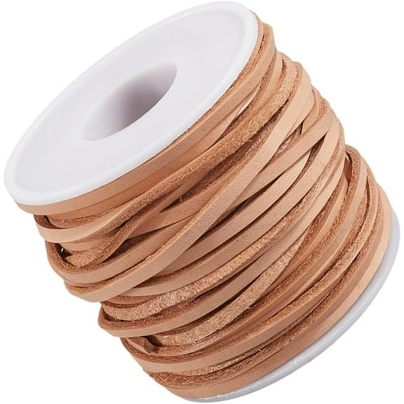 20 Yard 3MM Flat Genuine Leather String Lace for Crafts Light Brown Real Leather Thin Cord Strap Strip Cording Rope Braiding Strip Thread for Jewelry Making Necklace Bracelets Beading