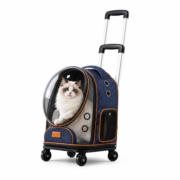 Xunka Linen Grey Pet Carrier with Panoramic Window, Rolling Travel Bag for Cats and Small Dogs, Expandable Cat Carrier, 18lbs Capacity