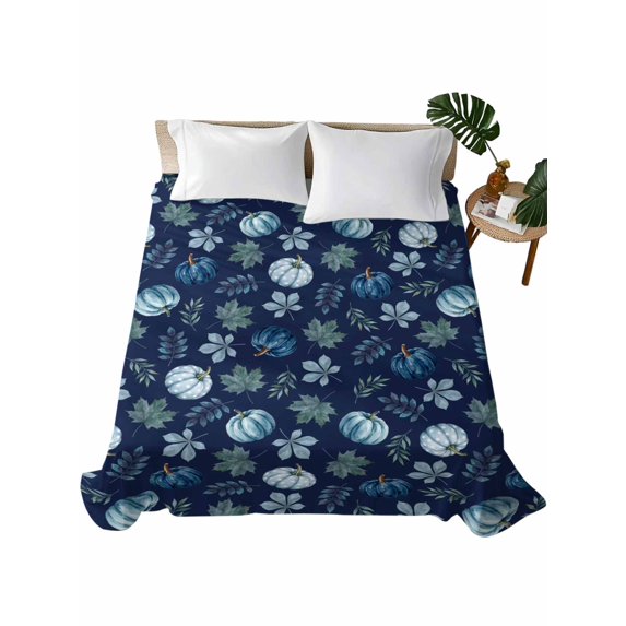 King Flat Sheet Only Thanksgiving Blue Pumpkin Seamless Soft Microfiber Cooling Bedding Sheets Fall Maple Leaves Flat Bed Sheet for Hotel,Home Decor