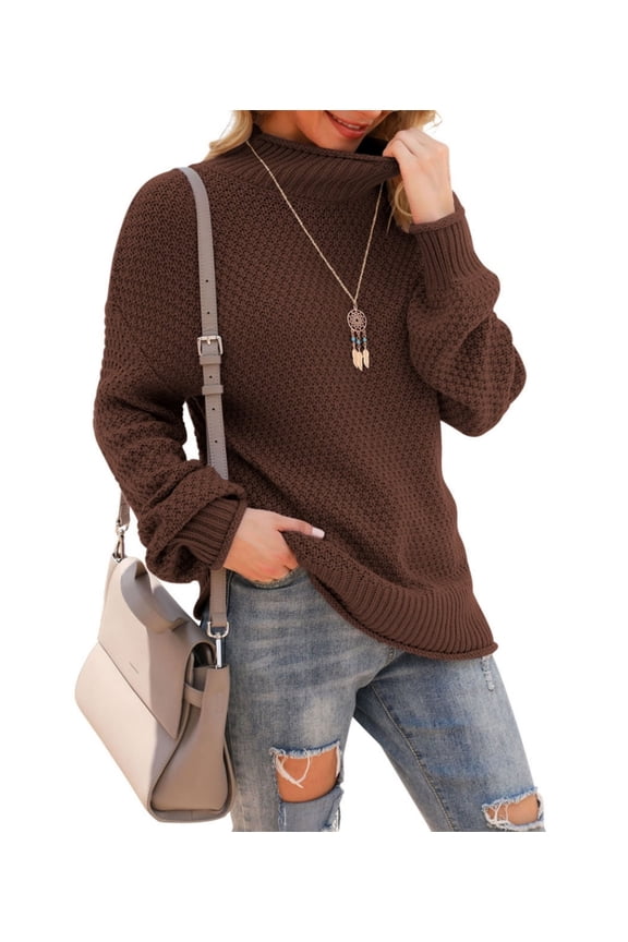 Women's Turtleneck Oversized Sweaters Batwing Long Sleeve Pullover Loose Chunky Knit Jumper,Brown(S-2XL)