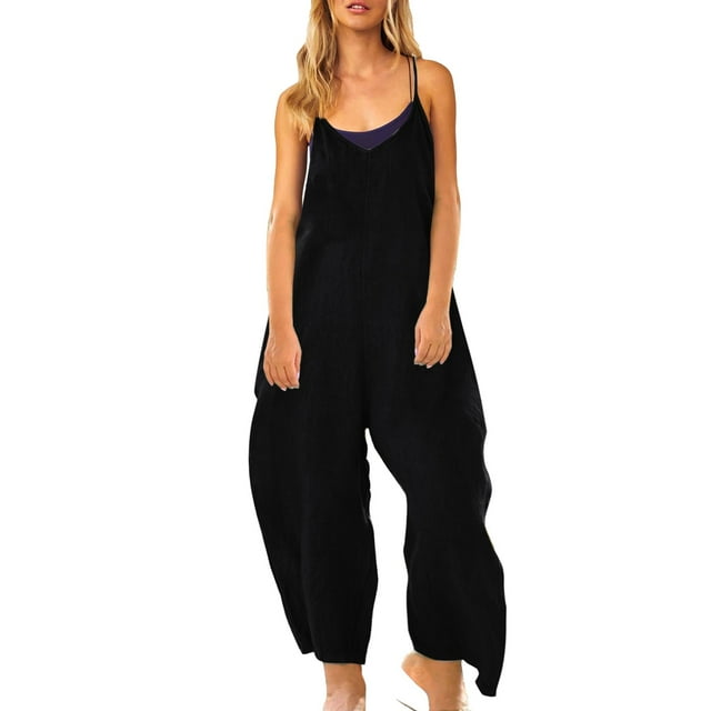 B91xZ Salopette Ample pour Femmes Col en V Sans Manches Extensible Bretelles Réglables une Pièce avec Poches, Noir m