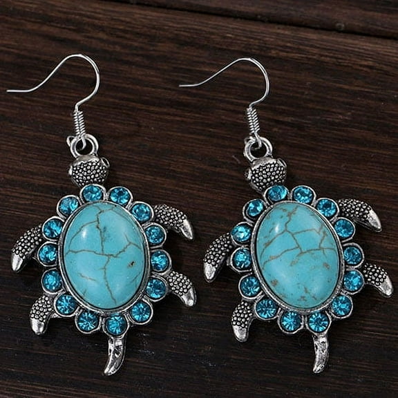 Anvazise Retro Cute Rhinestone Turtle Dangle Pendant Tibetan Ear Hook Earrings Jewelry