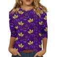 thumbnail image 3 of Hogleaql Mardi Gras Shirts for Women 3/4 Sleeve Crew Neck Loose Top Carnival Mask Graphic Pullover Dressy Soft Shirt Casual Blouses Dark Purple L, 3 of 6