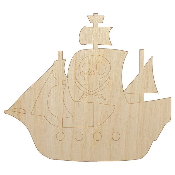 Pirate Ship with Jolly Roger Skull Wood Shape Unfinished Piece Cutout Craft DIY Projects - 4.70 Inch Size - 1/8 Inch Thick