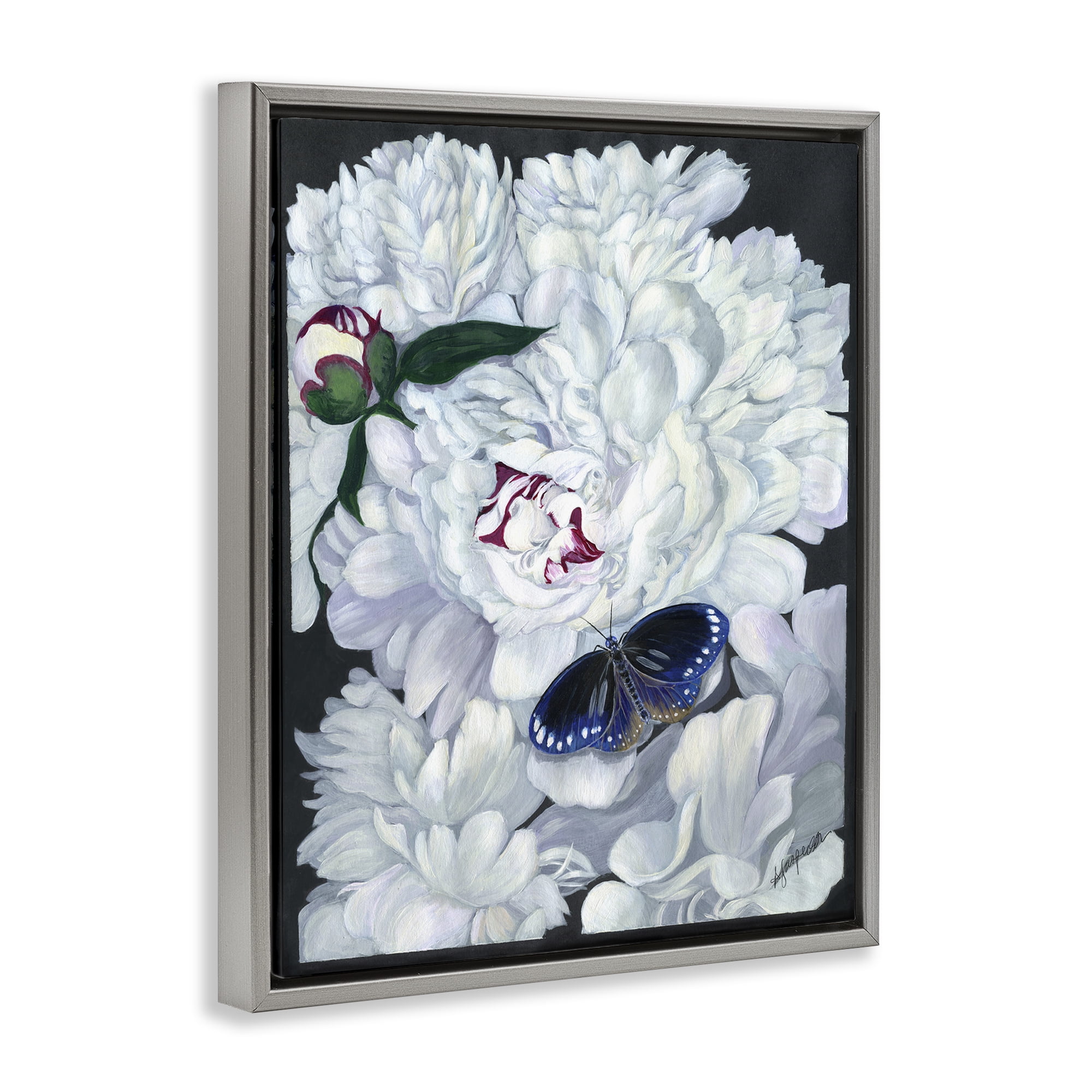 Stupell Industries Vintage Peony & Butterfly Animals & Insects Painting Gray Floater Framed Art Print Wall Art, 25 x 31