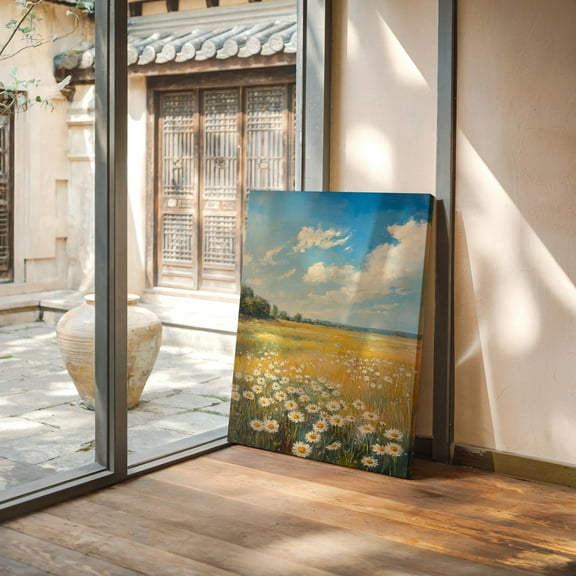 Daisy Field Art - Golden Meadow With White Daisies Under A Bright Blue Sky, Rustic Nature-Inspired Wall Decor For Home Wall Art, Modern Wall Decor, 8x12 UNFRAMED