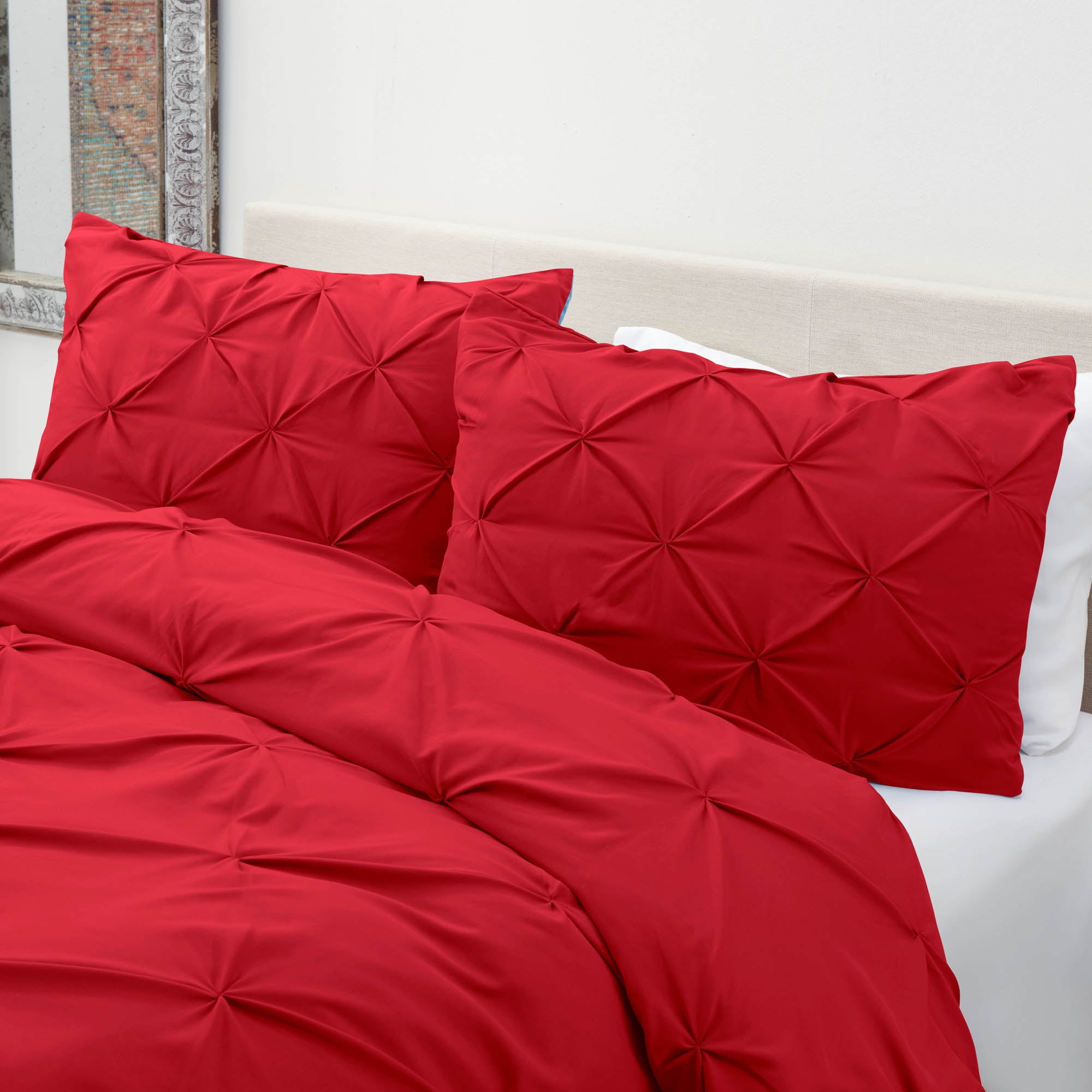 Nestl 3 Piece Pinch Pleated Pintuck Duvet Cover Set with Shams, Soft Microfiber,Button Closure Bedding Set, King - Cherry Red