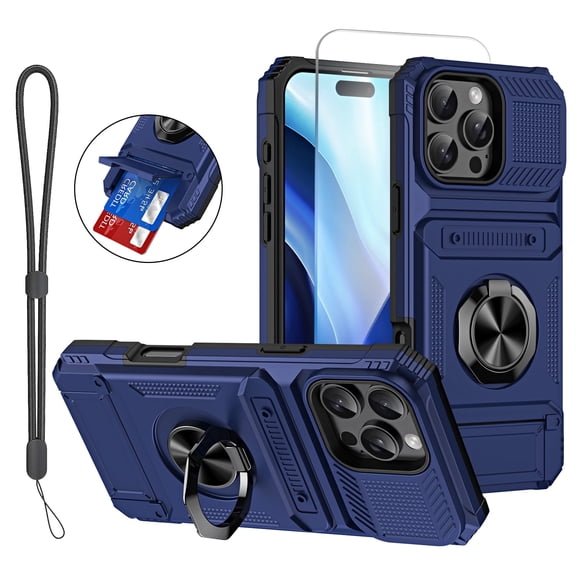 Mynvo Wallet for Apple iPhone 16 Pro Case with Screen Protector, Lanyard, 2 Cards Slot and Ring Kickstand Heavy Duty Shockproof PC Cover for Women Men