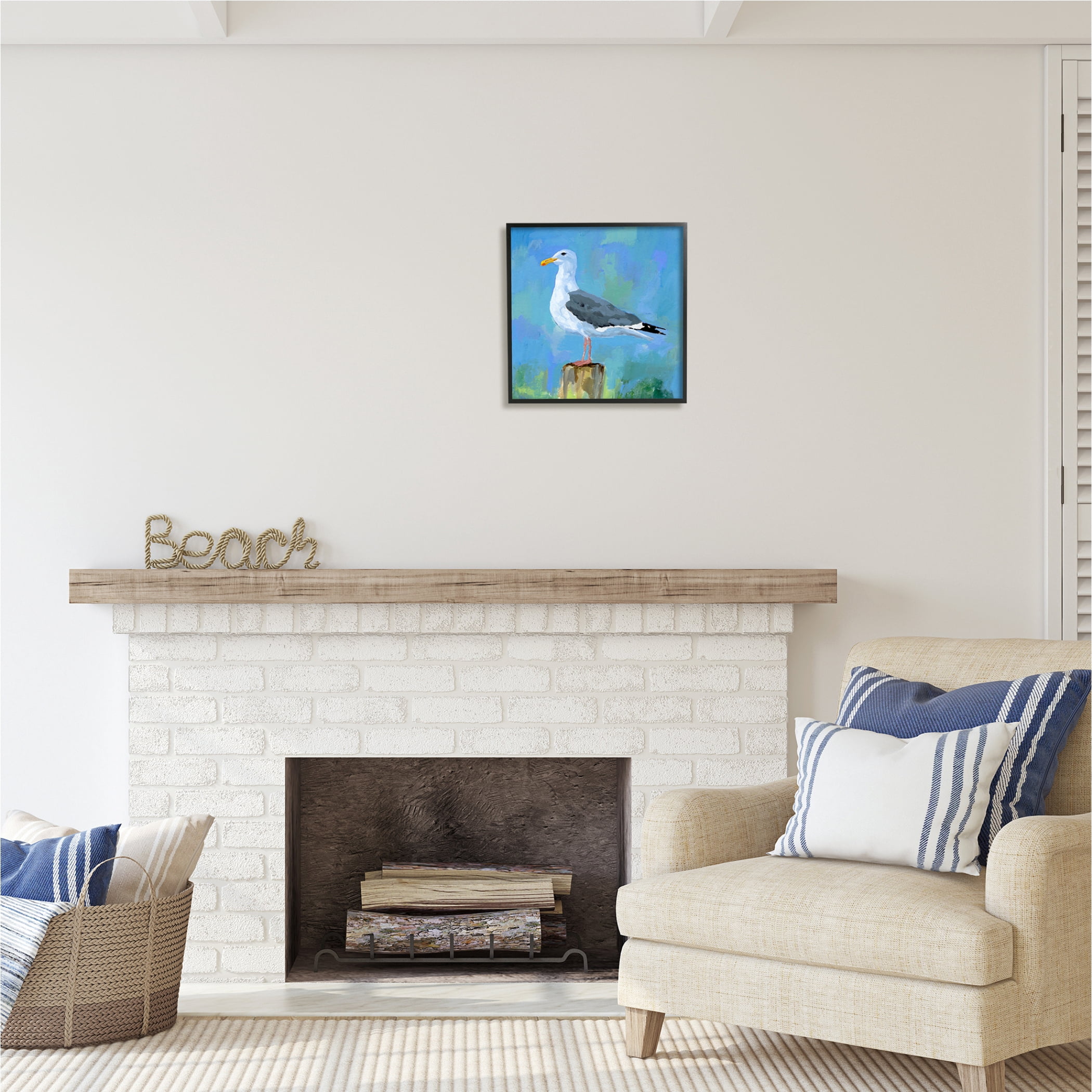Stupell Industries Coastal Seagull Painting Animals & Insects Painting Black Framed Art Print Wall Art, 17 x 17