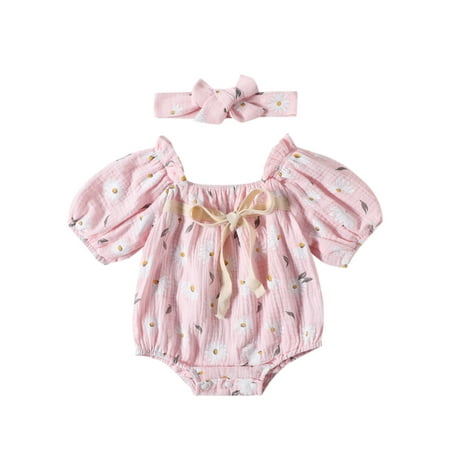

Infant Baby Girl Daisy Print Bubble Romper Square Neck Puff Sleeve Onesie+Headband 2Pcs Summer Outfits