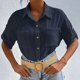 thumbnail image 3 of Camisa de negocios informal para mujer, media manga, cuello vuelto, bolsillos en el pecho con un solo pecho, Top holgado, azul purpúreo S, 3 of 6
