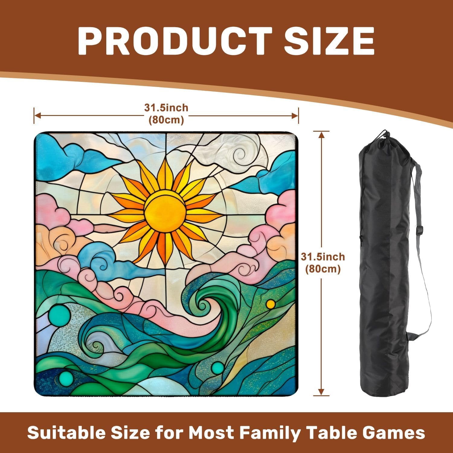Mahjong Mat with Carrying Bag 31.5" x 31.5" Non-Slip Noise Reduction Stained Glass Sun Waves Pink Clouds Blue Sky Table Mat for Mahjong Poker Dominoes Card Board Tile Games
