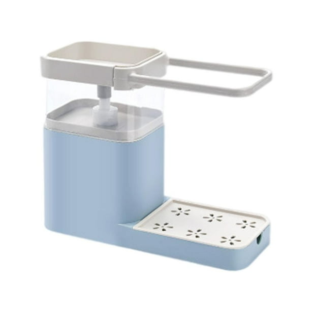 Dispensador de jabón de cocina 4 en 1 con soporte para esponja y organizador para fregadero, Azul