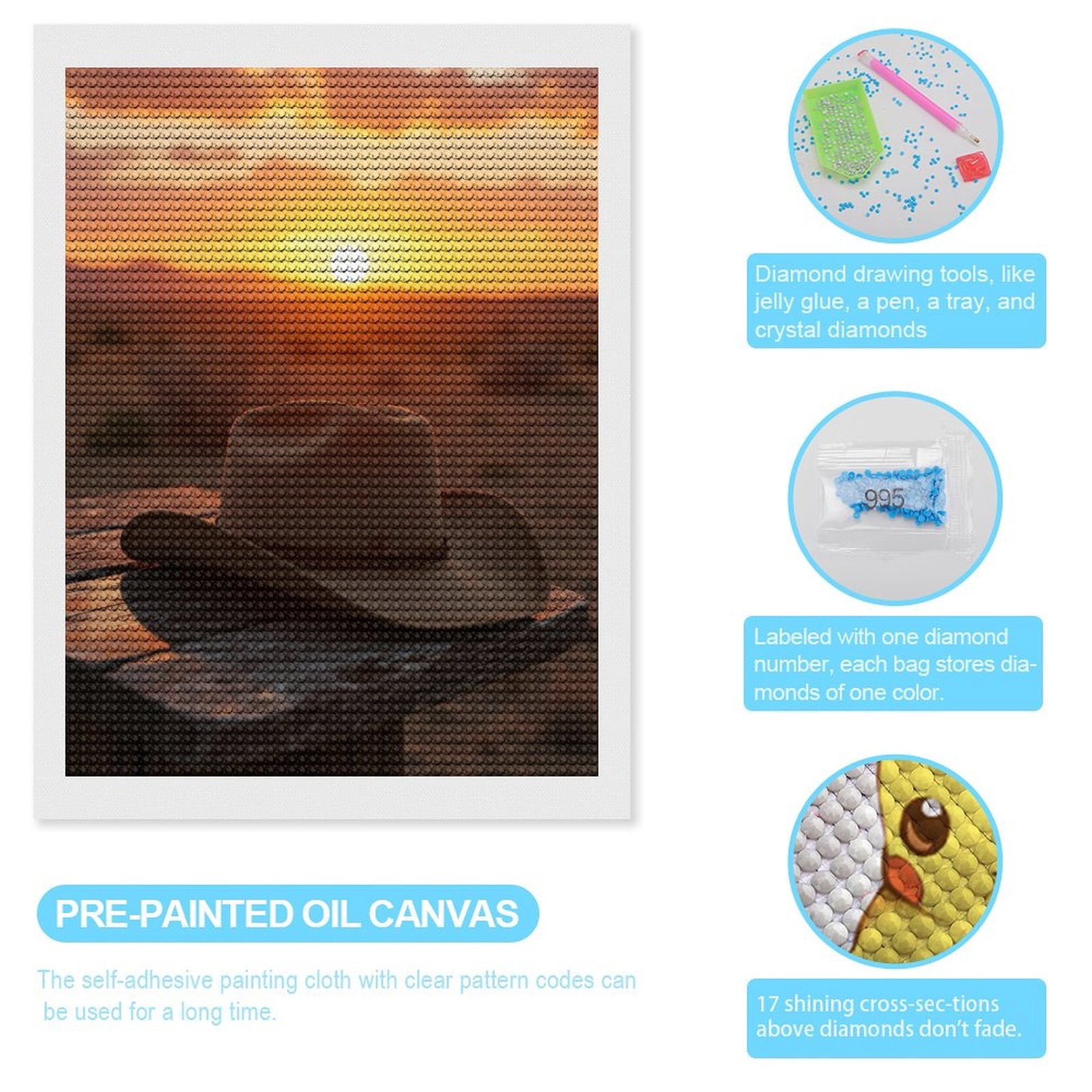 Diamond Art Kits for Adults, Western Sunset Cowboy Hat Desert 5D Diamond Painting Kits for Adults Beginners, DIY Full Drill Diamond Painting, Gem Art and Crafts 12x16