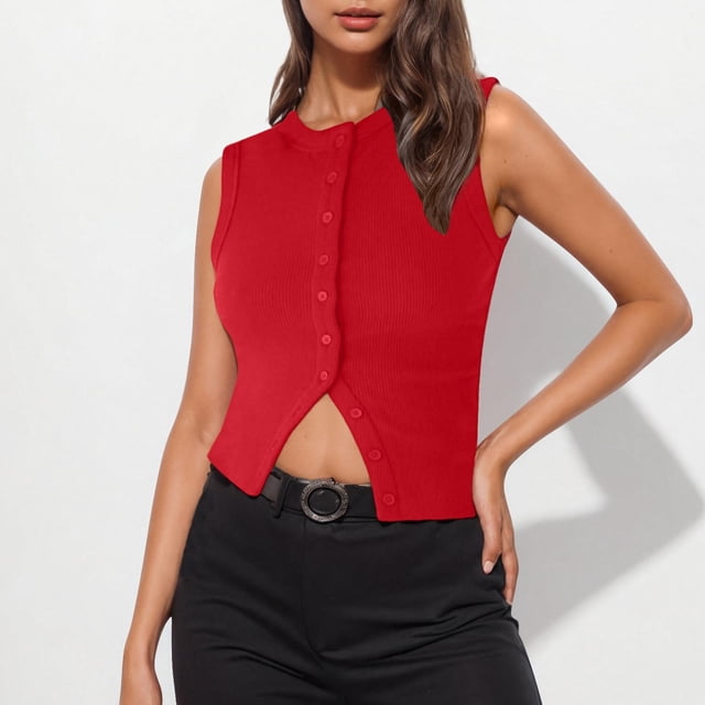 Soki Womens Sleeveless Vest Shirt Round Neck Button Tank Tops