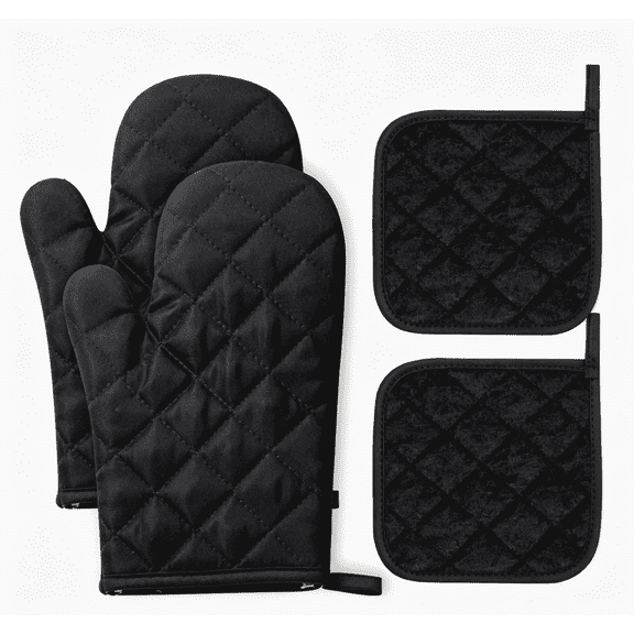 TWGRNF 4Pcs Heat Resistant Oven Mitts & Pot Holders, Quilted Cotton Kitchen Gloves for Baking Cooking BBQ(Black)