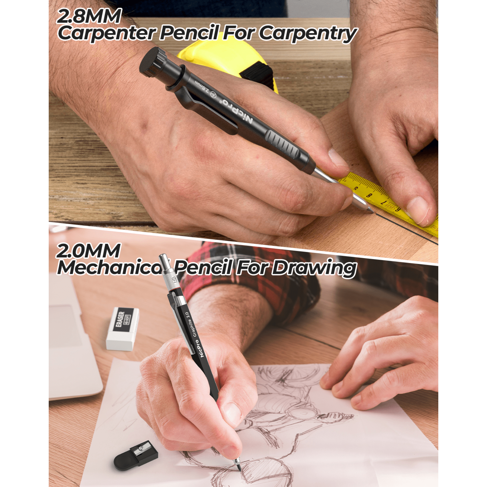 Nicpro 27 Pack Carpenter Pencils for Woodworking, Construction Mechanical Pencil with 100 Refill, Automatic Center Punch and Carbide Scribe Carpenter Tool, Construction Pencil