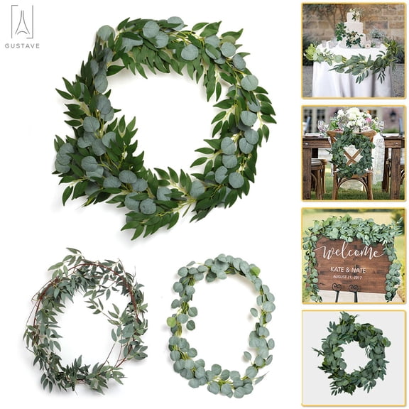 Gustave 7Ft Artificial Eucalyptus Leaves Plants Vine Hanging Garland Faux Willow Leaves Flowers Home Kitchen Garden Office Wedding Wall Decor Green