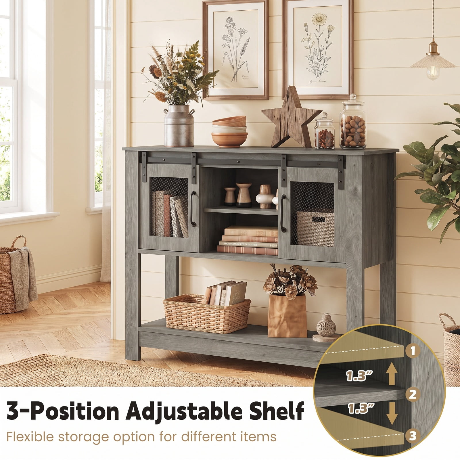 Furnibear 40 Inch Narrow Console Table with Sliding Barn Doors and Storage Cabinets for Entryway Hallway and Behind Couch, Rustic Brown