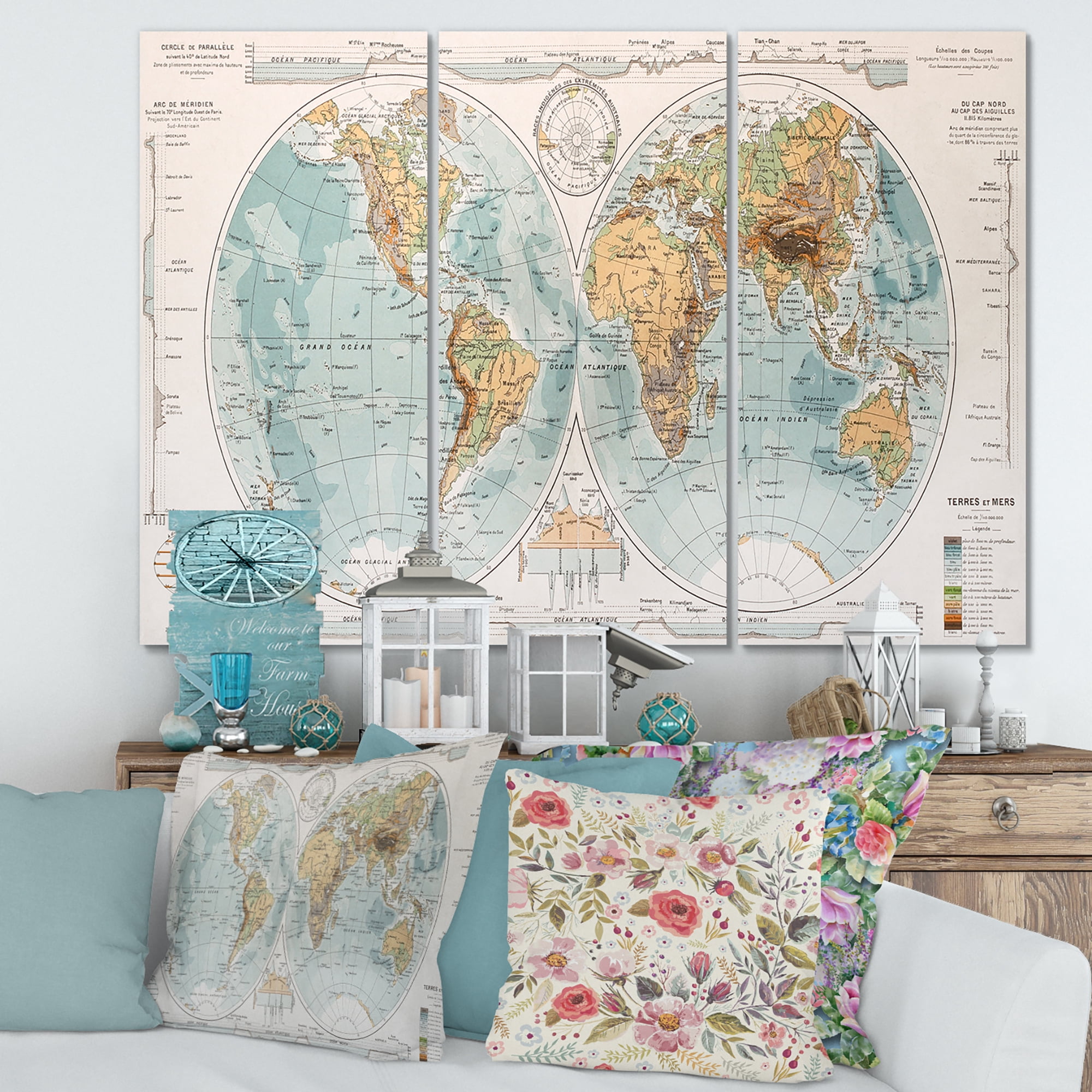 Designart ' Ancient World Map II ' Rustic Canvas Wall Art Print