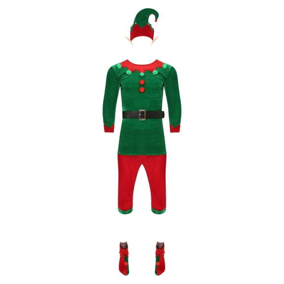 vastwit Mens Christmas Elf Outfits Santas Helper Long Sleeve Top with Pants Accessories Red Green XXL
