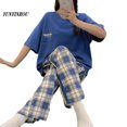 thumbnail image 2 of Conjunto de Pijama de manga corta para Mujer, ropa de dormir de punto a rayas de algodón, elegante, para estar en casa, verano, fresco, 3XL, 2 of 4