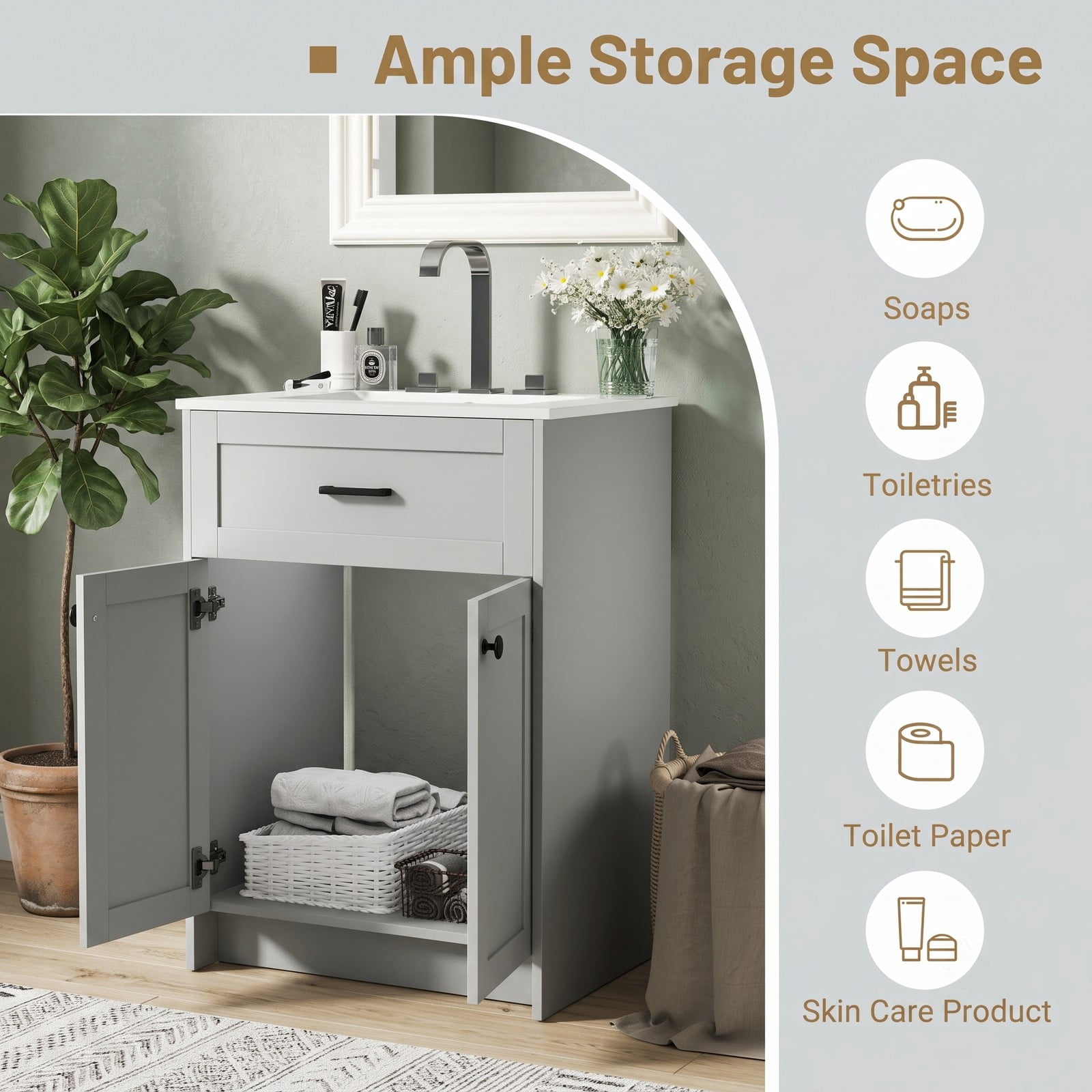 ALPULON Bathroom Vanity Unit with Ceramic Basin Sink, Freestanding 24 Inch Floor Standing Bathroom Vanity Cabinet with 2 Soft Close Doors and Pre-Drilled Faucet, Gray