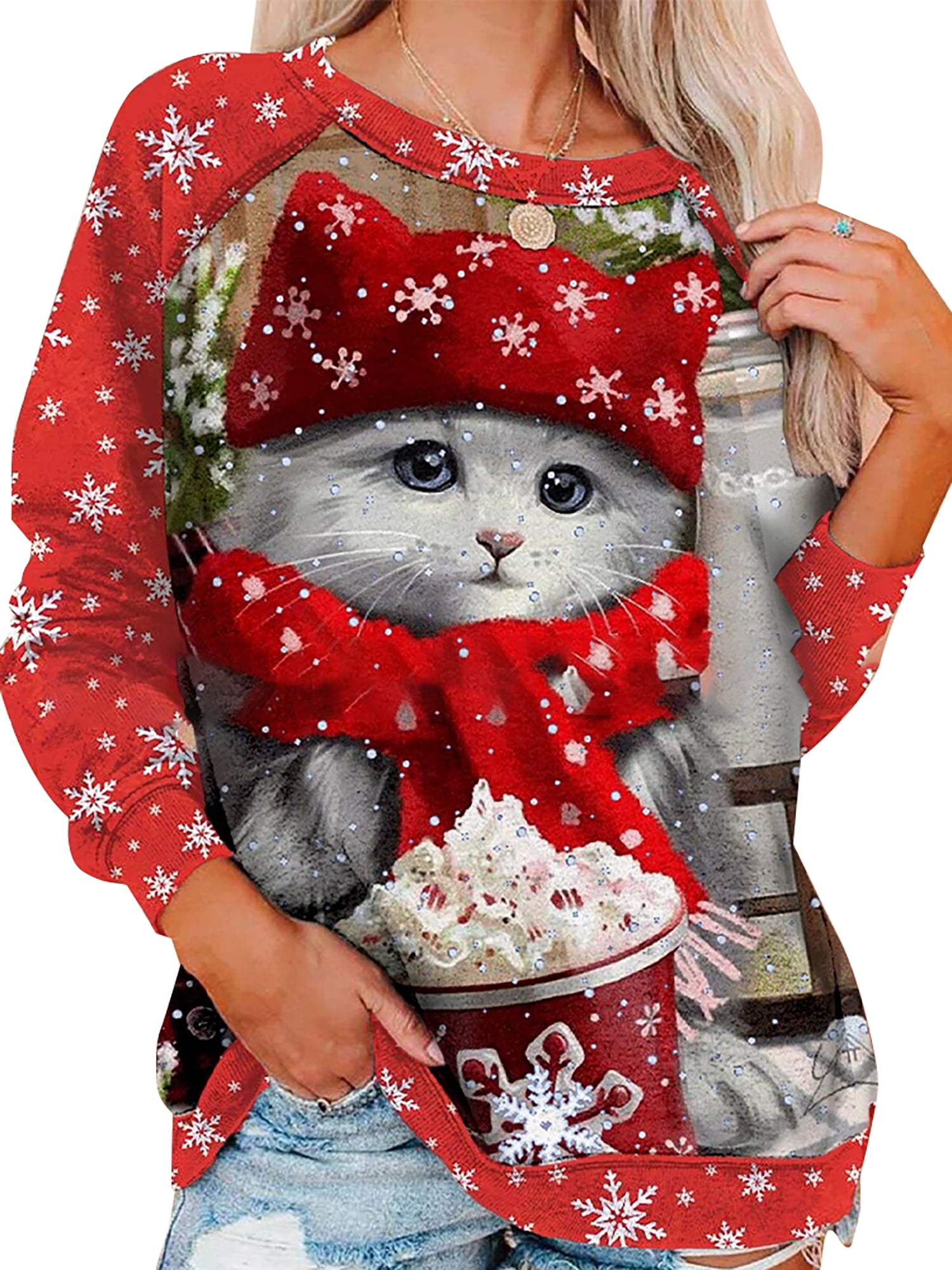 Skksst Womens Cat Print Long Sleeve 