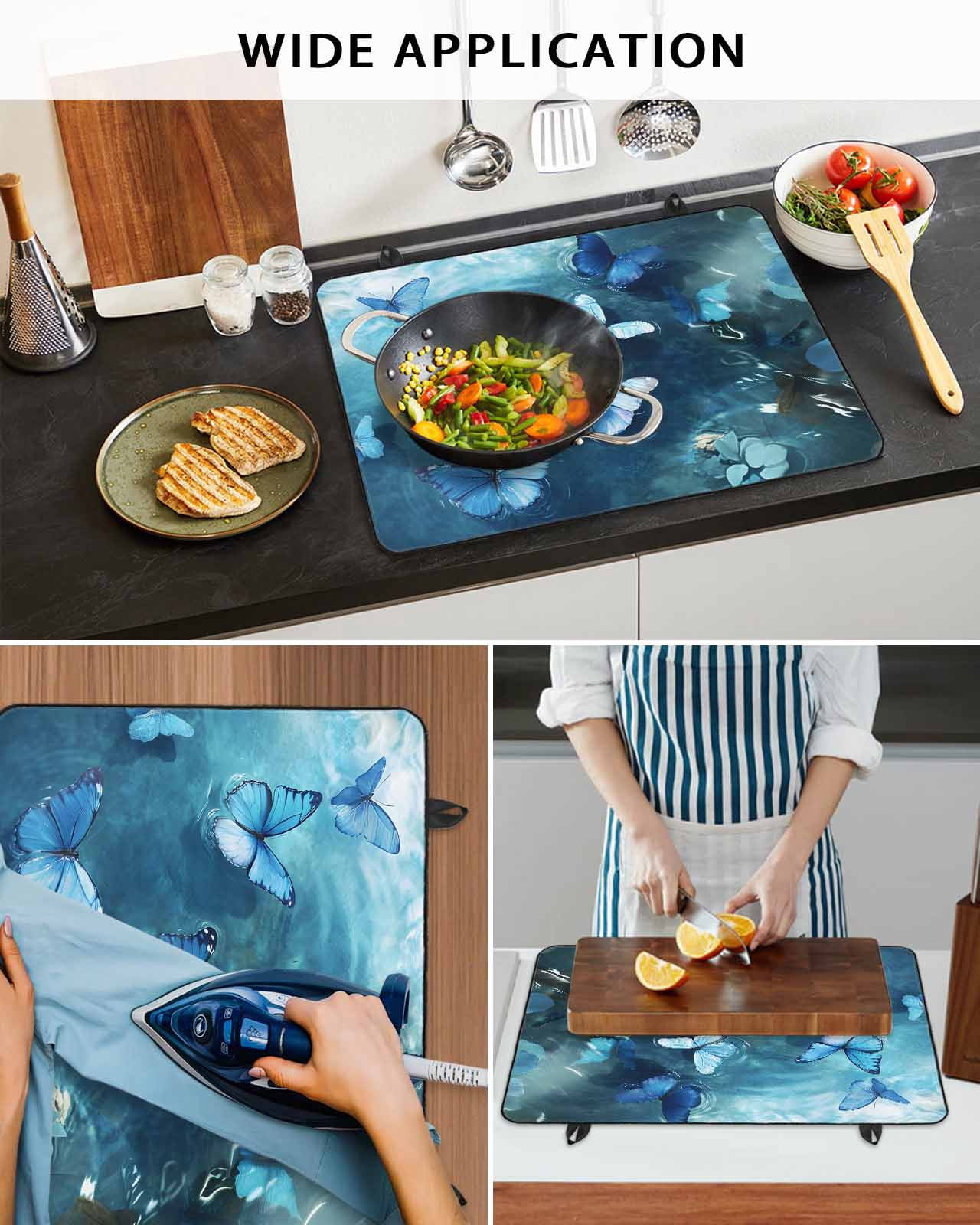 nqOlkjepod Large Induction Cooktop Protector Mat 24"x21", Blue Butterfly Stove Top Covers for Electric Stove, Modern Elegant Water Ripples Decorative Stove Burner Cover Mats, Glass Top Stove Cover