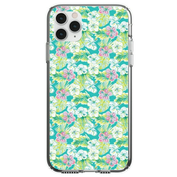 DistinctInk Clear Shockproof Hybrid Case for iPhone 13 Pro MAX (6.7" Screen) - TPU Bumper, Acrylic Back, Tempered Glass Screen Protector - Preppy Pattern - Green Pink White Flowers Floral