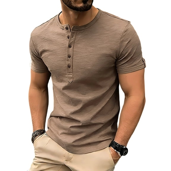 Grandad Collar Henley T Shirt for Men , Men's Smart Half Buttons Tee Slim Fit Collarless Polos T-Shirts Summer Regular Fit Casual Tops Button Up V Neck Pullover Plain Basic Tees Shirt