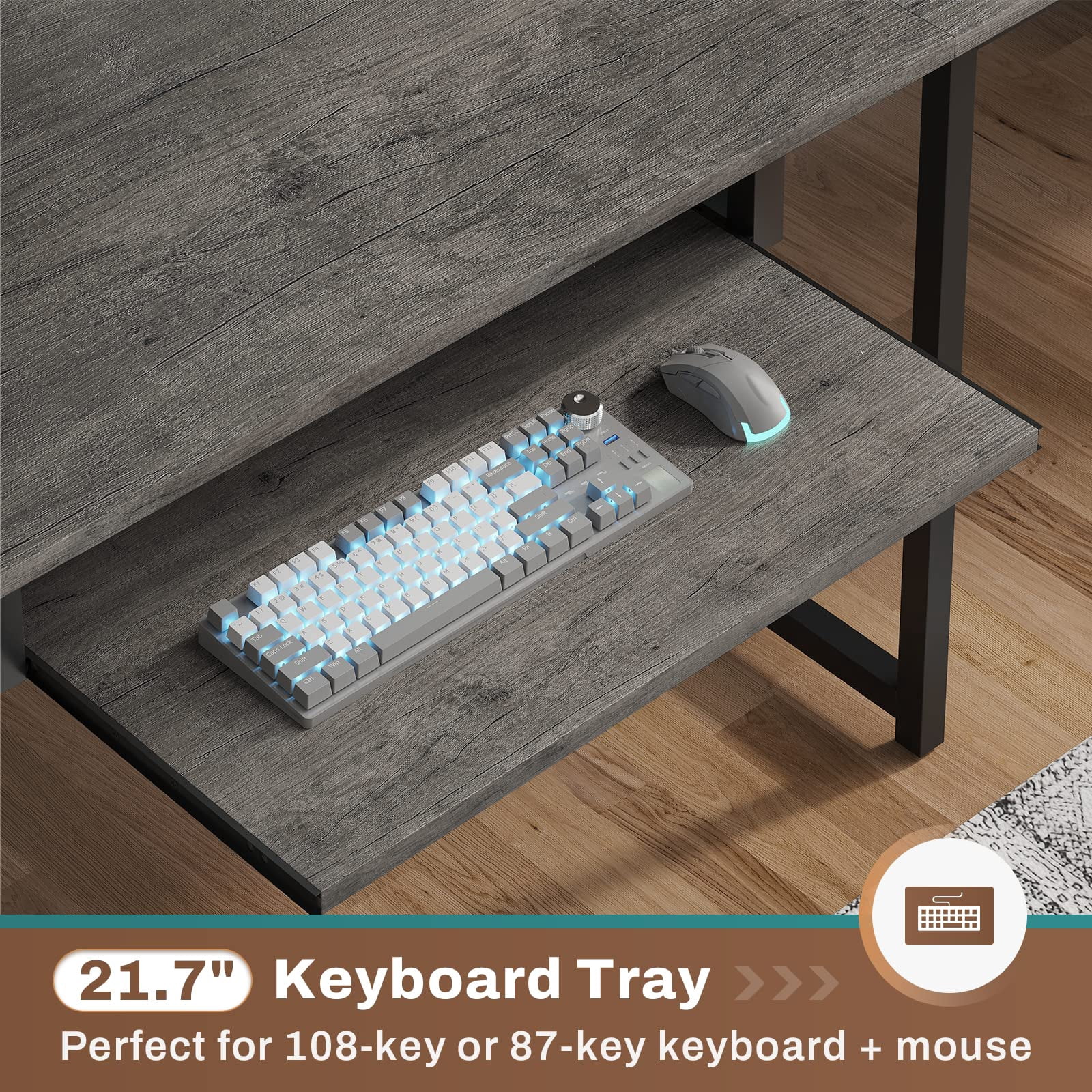 L-Shaped Desk with Hutch & Pegboard, Corner Gaming Desk with LED Lights & Charging Station for Bedroom, Dark Gray