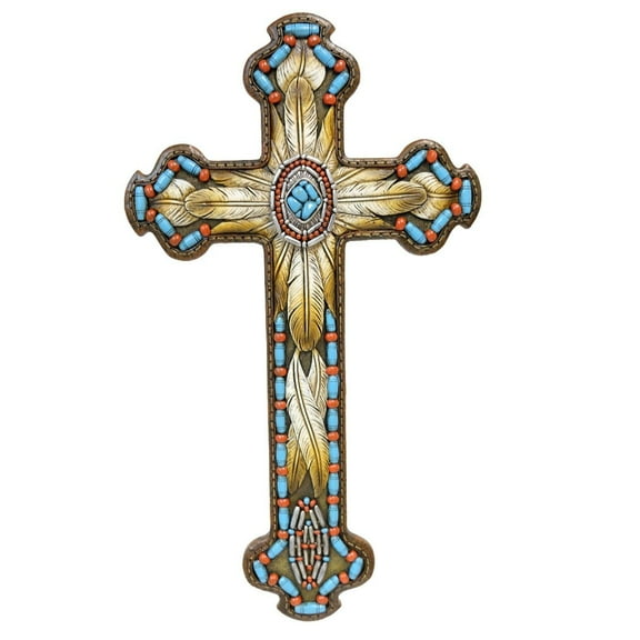 De Leon Collections Polyresin Tribal Beads with Feather and Turquoise Accent Hanging Wall Religious Cross D√©cor