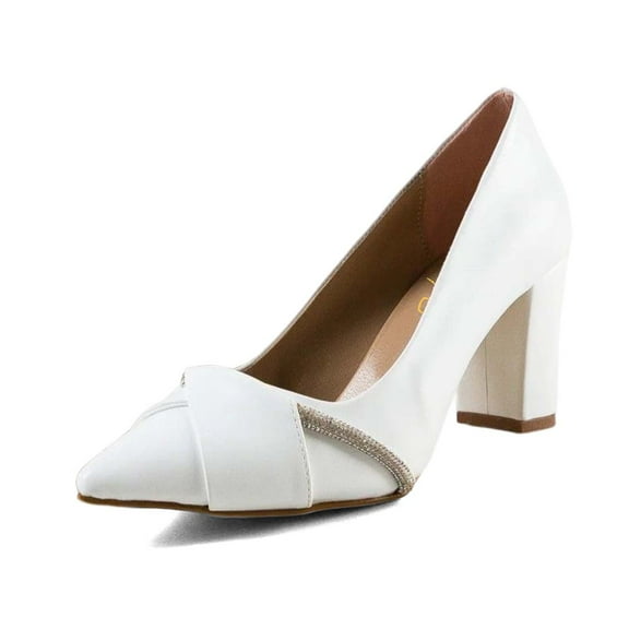 XYD Women Rhinestones Slip On Pointy Closed Toe Pumps Chunky High Heel Wedding Party Casual Shoes Size 7 White