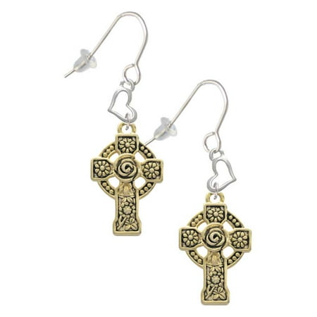 Goldtone Large Celtic Cross Heart French Earrings