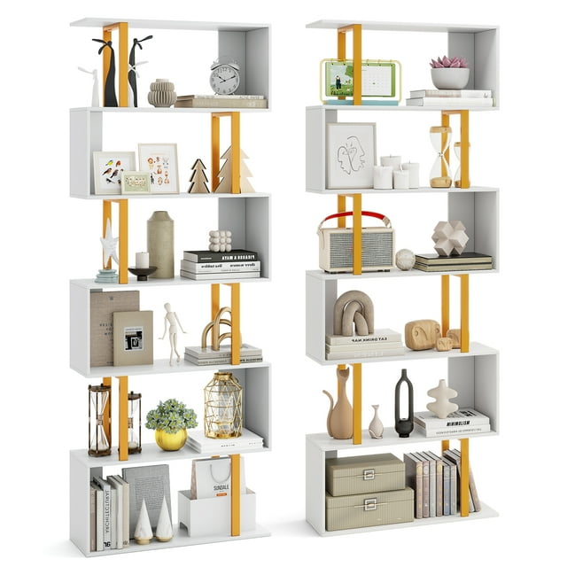 Gymax 2 PCS 6-Tier Geometric Bookcase 74.5-Inch S-Shaped Bookshelf w/ Metal Frame Gold