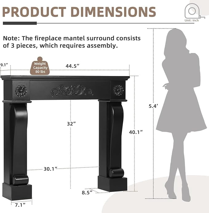 EPICOZY 44.5" Fireplace Mantel, Freestanding Fireplace Surround with Leg for Electric Fireplaces, MDF Mantel Surround with Shelf for Living Room with Decorative Pattern, Anti-Tipping & Waterproof