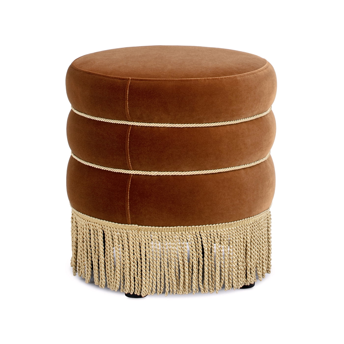 Jennifer Taylor Home Edward 17.5" Round Upholstered Ottoman with Bullion Fringe, Burnt Orange Performance Velvet
