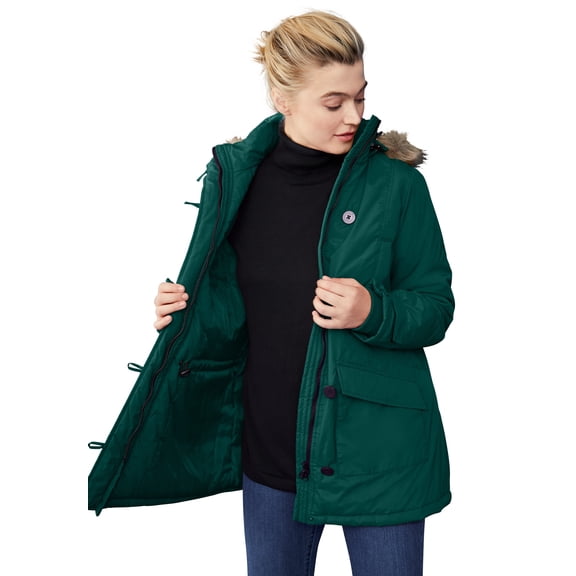 Ellos Plus Size Faux Fur Trim Two-Way Zip-Front Mid-Length Parka