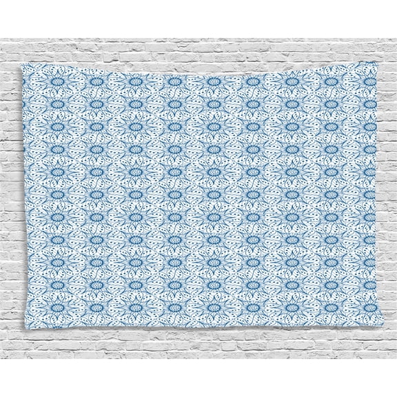 Blue and White Tapestry, Dutch Tile Design with Large Flowers and Detailed Petals Antique Ethnic, Wall Hanging for Bedroom Living Room Dorm Decor, 80W X 60L Inches, Blue and White, by Ambesonne