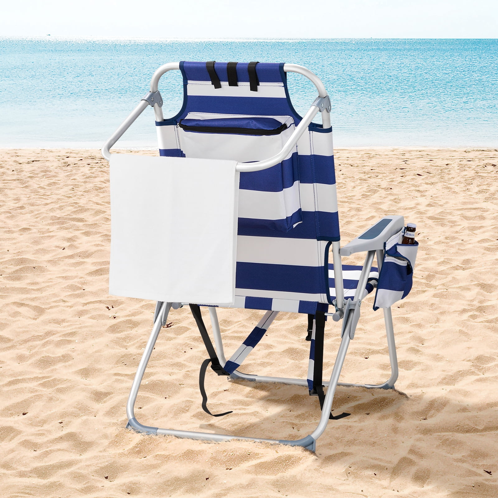 Beach Chair, Heightened Oxford Cloth Silver White Aluminum Tube Bearing Blue Stripes 63*70*99cm