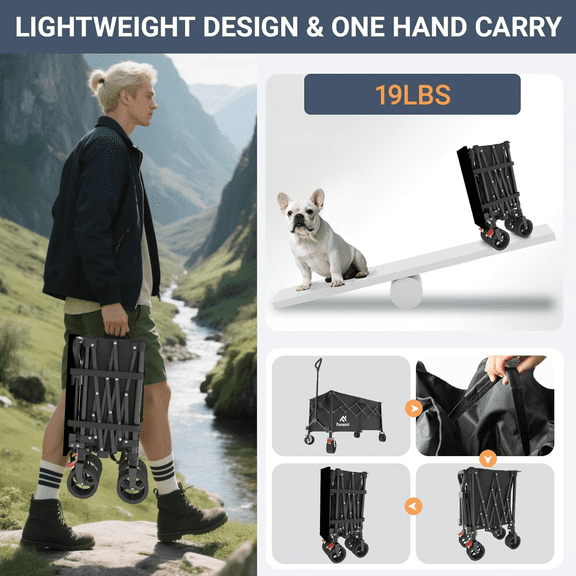 Extra Large Collapsible Wagon Carts Foldable 360LBS Heavy Duty Beach Wagons with Big Wheels & Brakes Portable Folding Cart for Shopping Grocery Utility Sports Garden Camping Outdoor