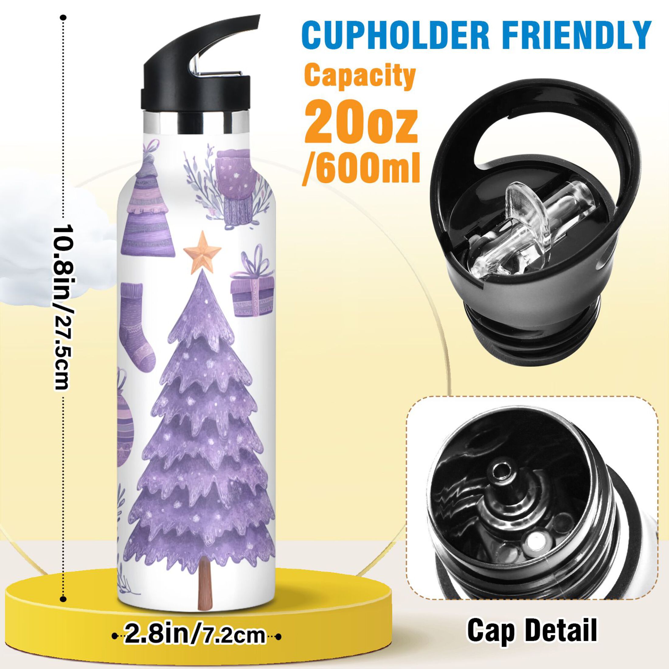 600ML Stainless Steel Insulated Cup Sports Water Bottle Portable Thermos Cup Water Glasses Insulated Tumblers Convenient and Durable Purple Christmas Snowman