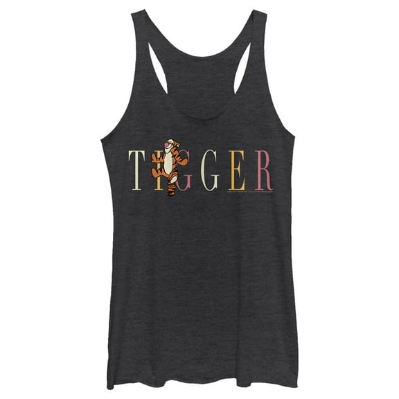Women's Winnie the Pooh Tigger Colorful Script  Racerback Tank Top Black Heather 2X Large