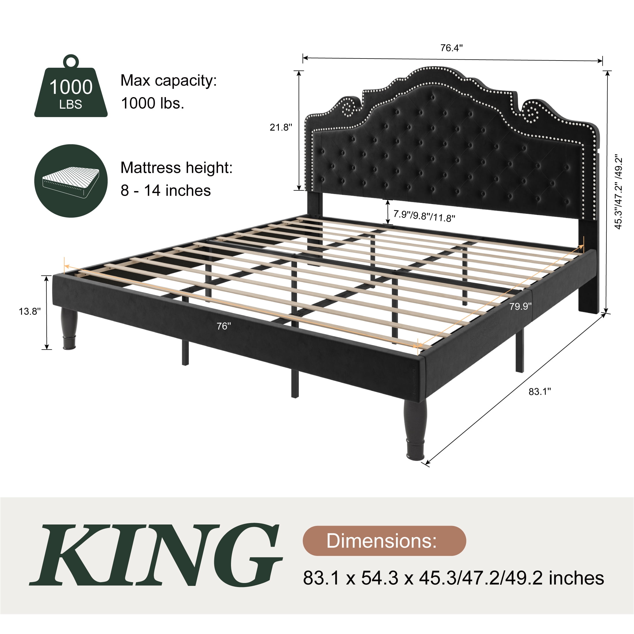 Amolife King Bed Frame with Adjustable Crown-Shaped Headboard, Upholstered Platform Bed, No Box Spring Required, Black