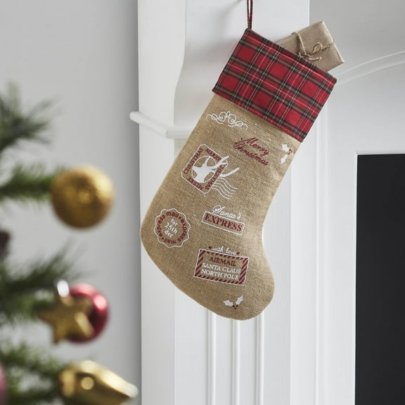 VHC Brands Burlap Natural Jute Plaid Airmail Stocking 12x20
