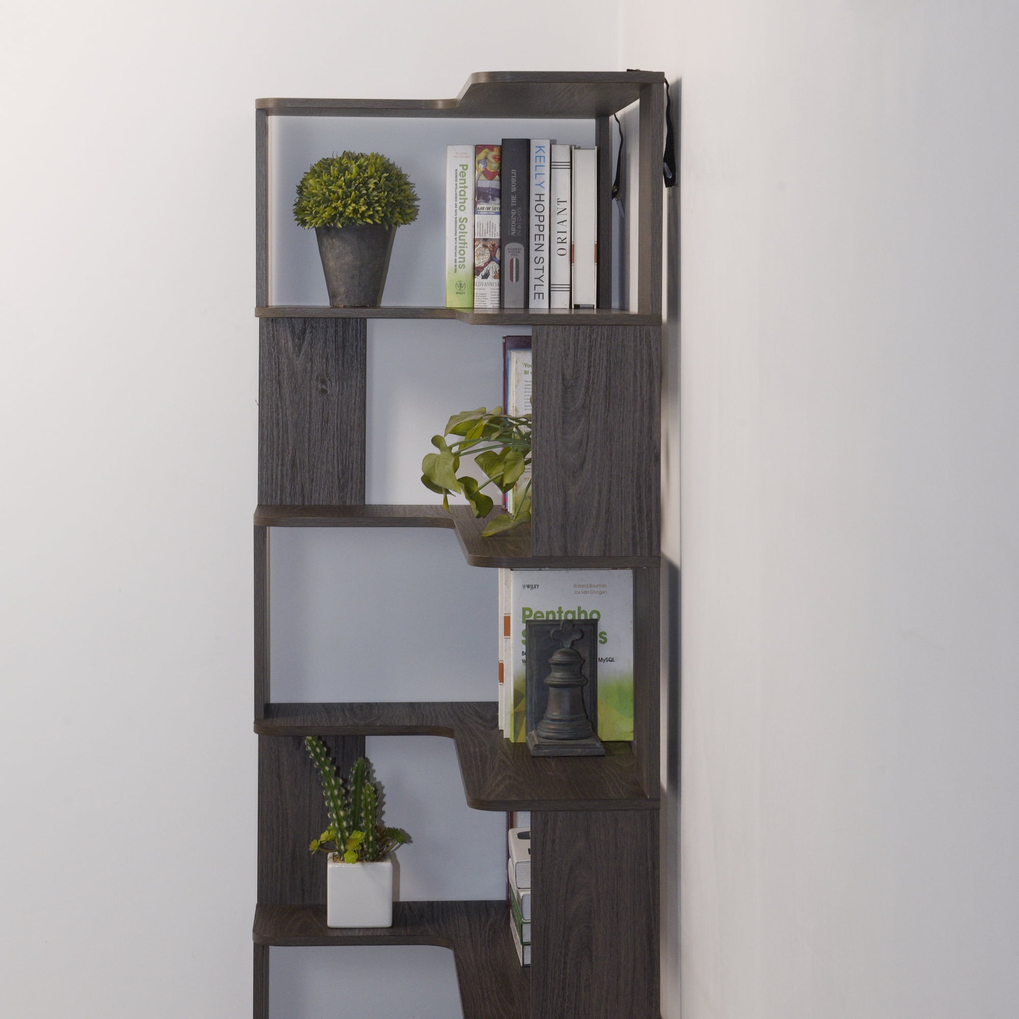 Leumius 5 Tier Freestanding L-Shaped Corner Bookshelf,Wooden Bookcase with Anti-drop Panel and Anti Tipping Device, Display shelf Open Storage,Dark Brown