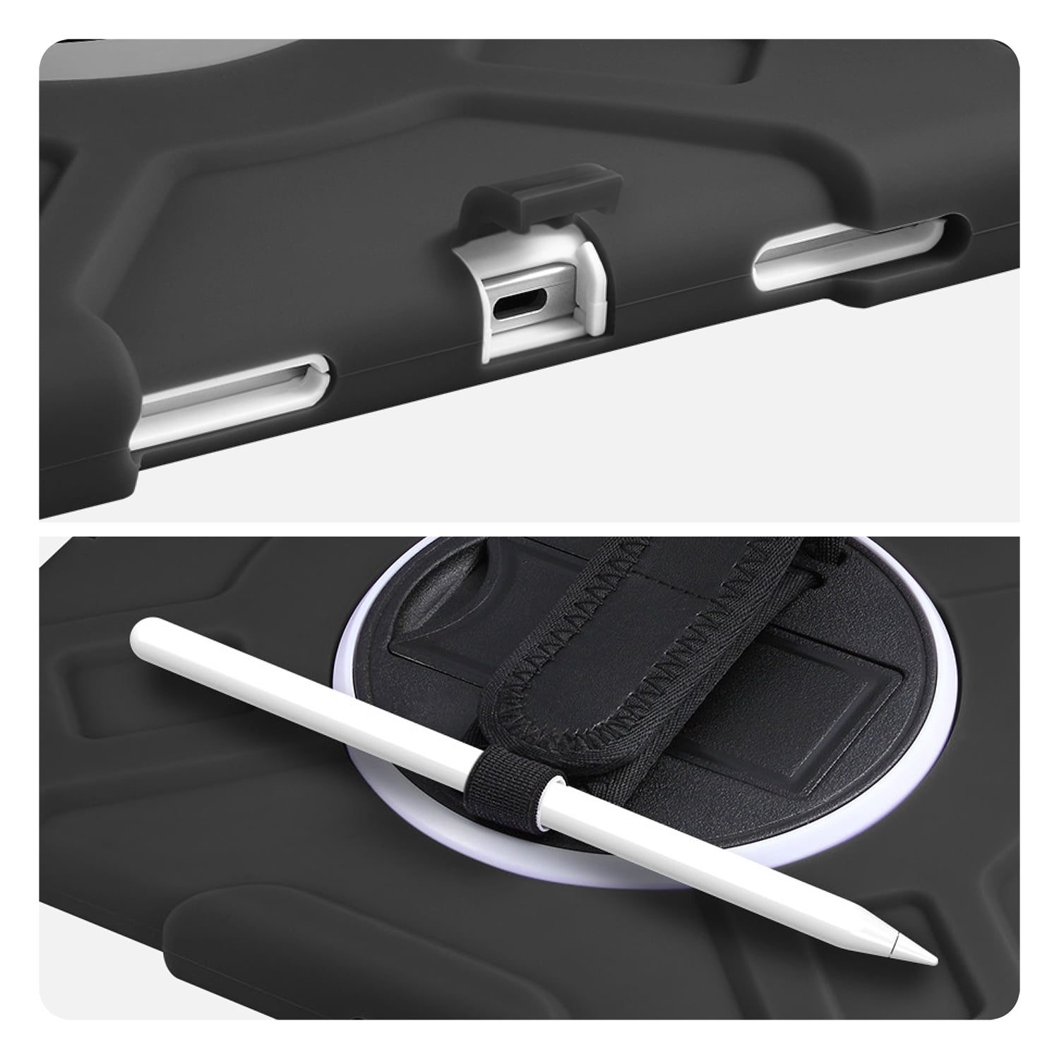 Vena For Apple iPad A16 Case with Pencil Holder, iPad 10th Generation Case 360° Rotating Hand Strap Stand, iPad 11th Generation Case Cover, Black