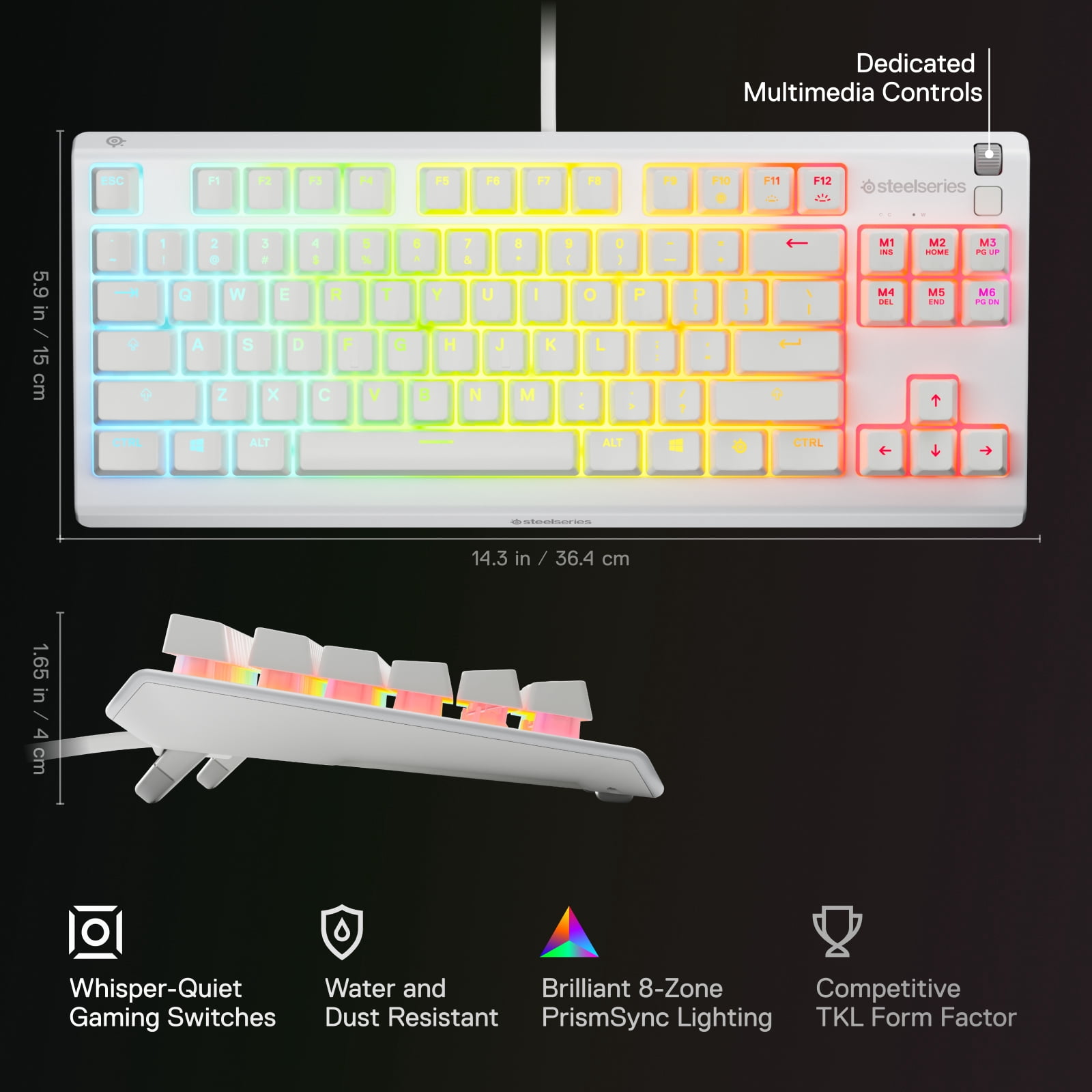 SteelSeries Apex 3 TKL RGB Wired Gaming Keyboard — Water and Dust Resistant — Whisper-Quiet Gaming Switch, White