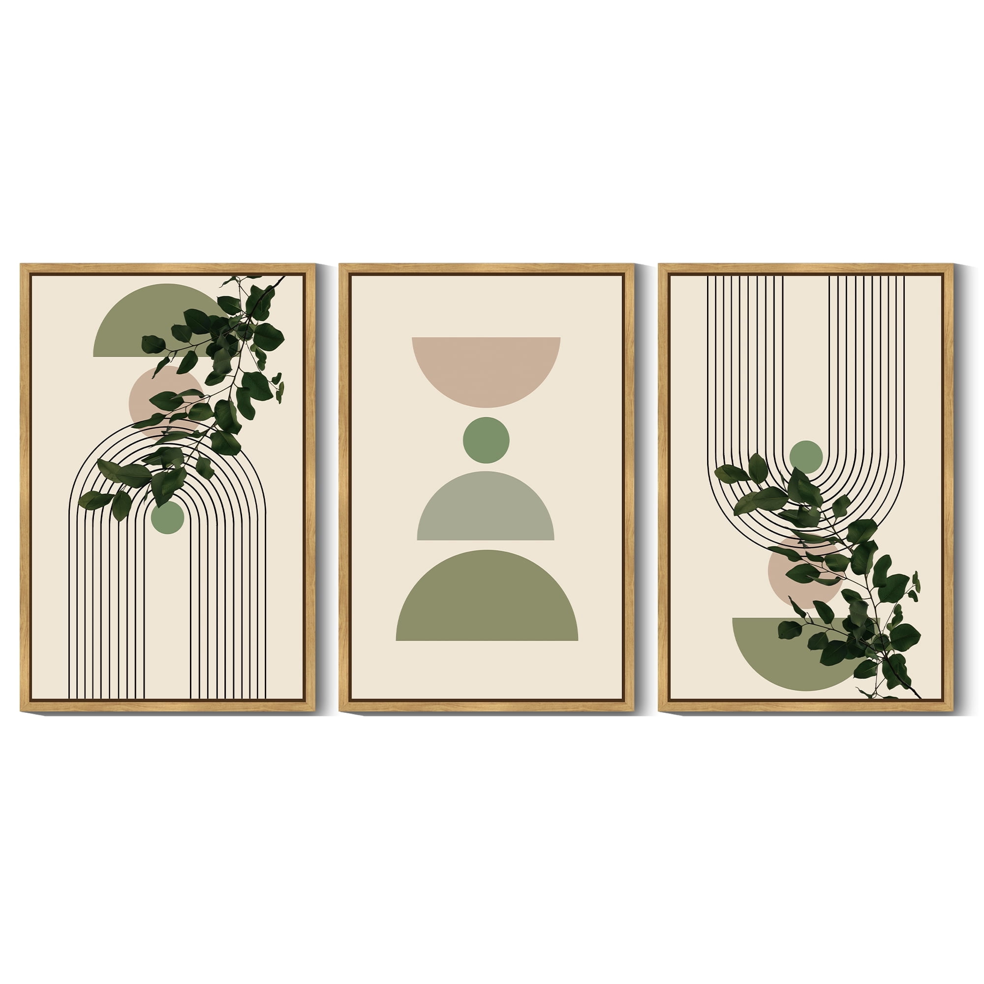 Drsoum Bohemia Decor 16x24in3pcs Natural Framed Modern Prints Abstract with Green Leaf Wall Printing Bedroom Living Room Decor